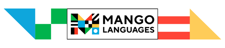 Mango Languages promotional header with color block design and logo in center