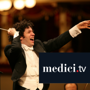 Promotional graphic for Medici.tv with a photo of an orchestra conductor