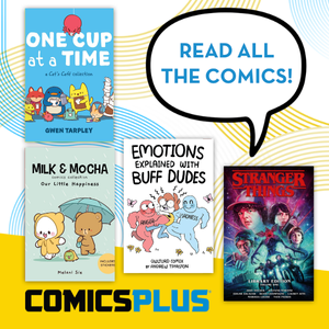 Comics Plus promotional graphic with book covers of their most popular comics and graphic novels